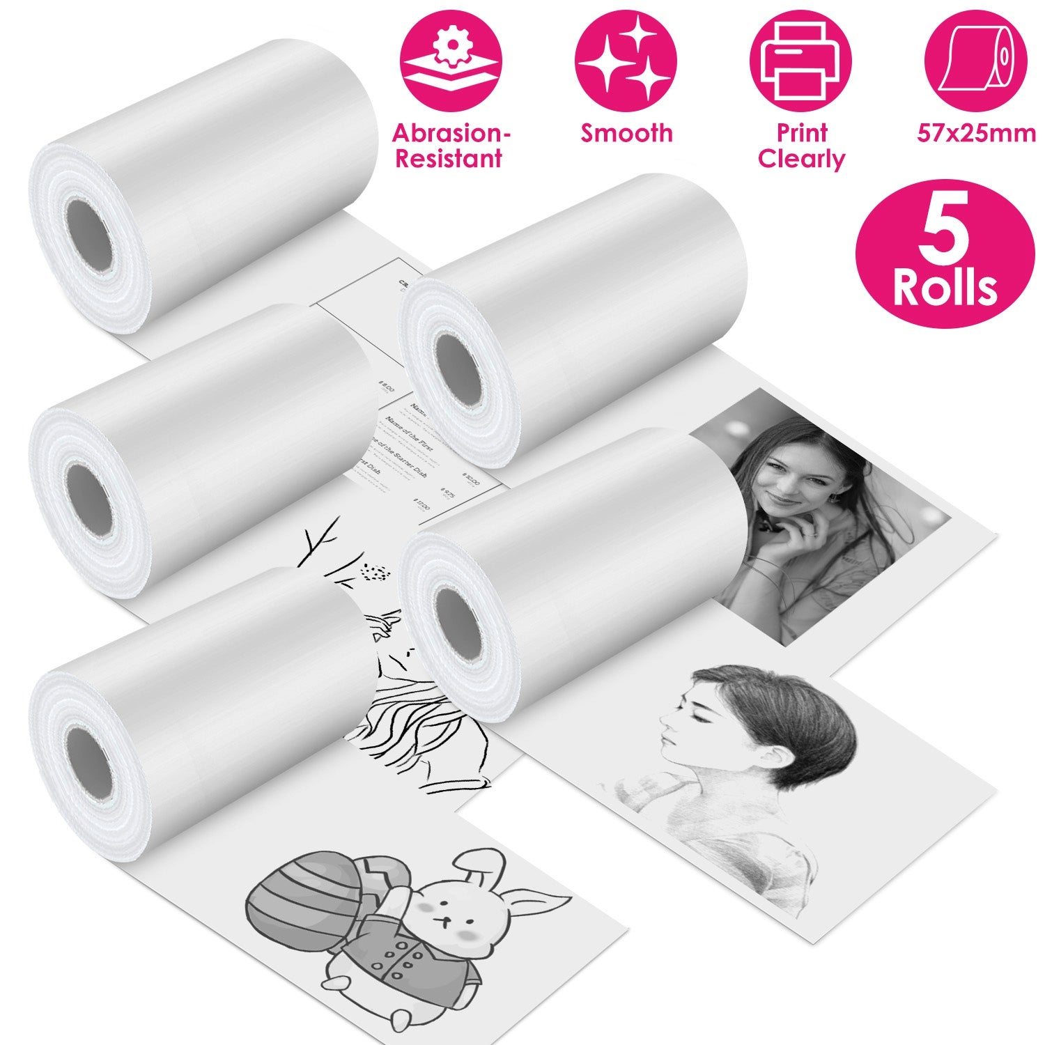 5 Rolls Regular Printer Paper Plate Mini Thermal Printing Paper White Mini Printer Photo Paper Fit for Wireless Thermal Mini Printer 57x25mm