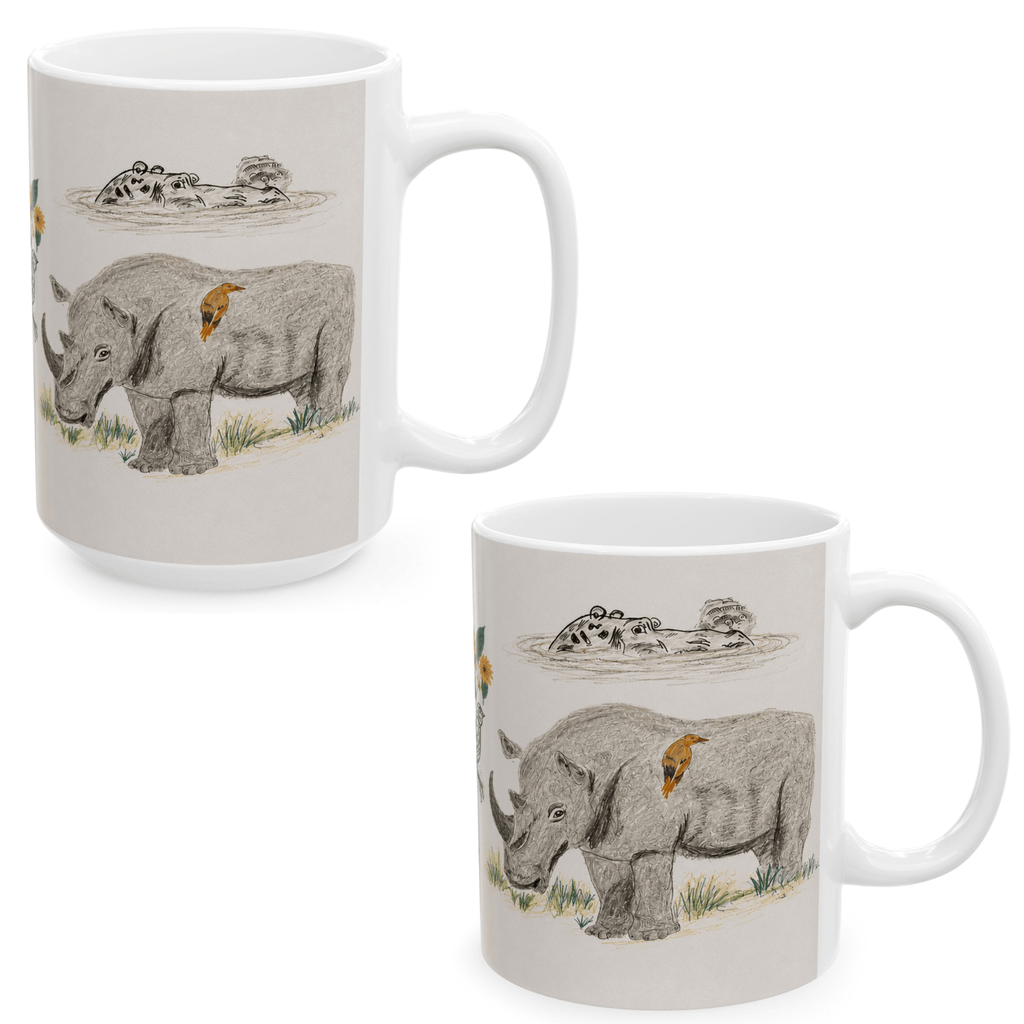 PimsArt Safari Rhino and Wildebeest Mug From Original Drawing