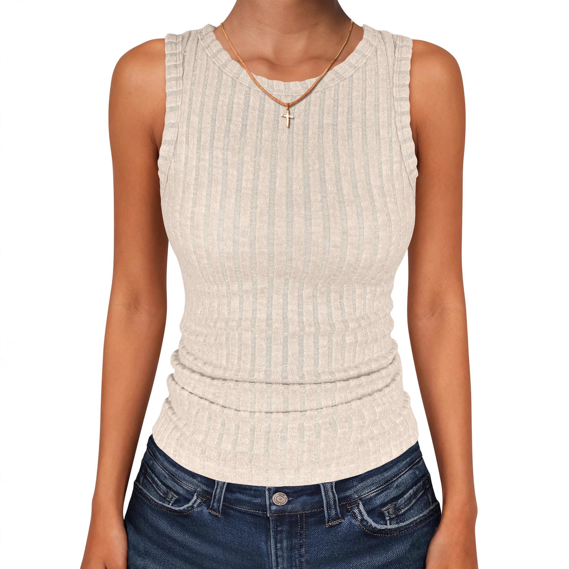 Womens Round-Neck Casual Sleeveless Solid-Color Knitted Vest