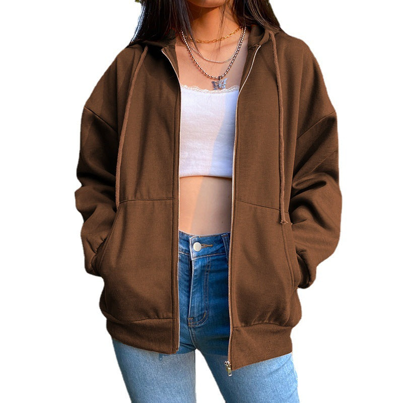 Women's Loose Zip Hooded Jacket – Casual Street Style Long Sleeve