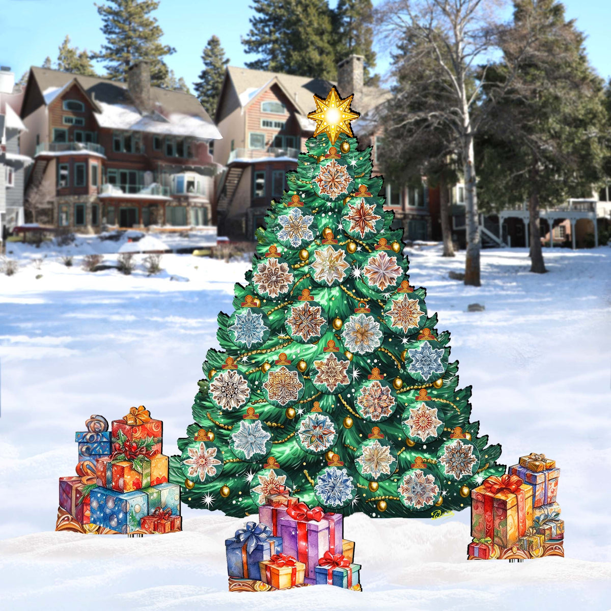 Snowflake-Themed Christmas Tree Outdoor Indoor Décor Wooden Christmas Decoration by G. Debrekht Christmas Décor - 8191504F-G