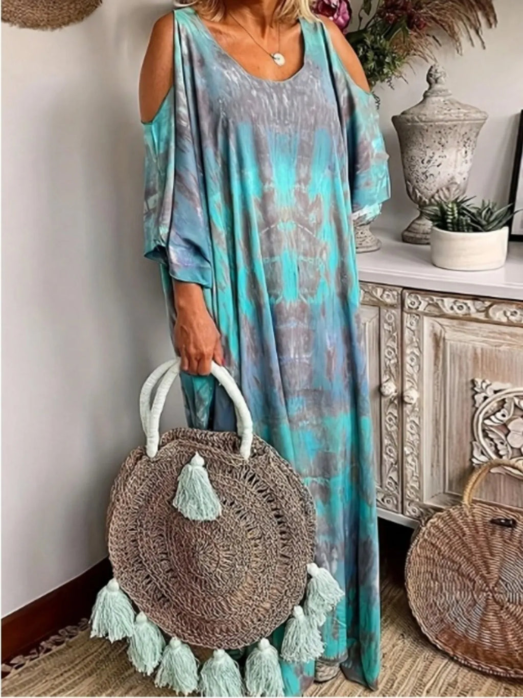 Tie-Dye Cold Shoulder Maxi Dress