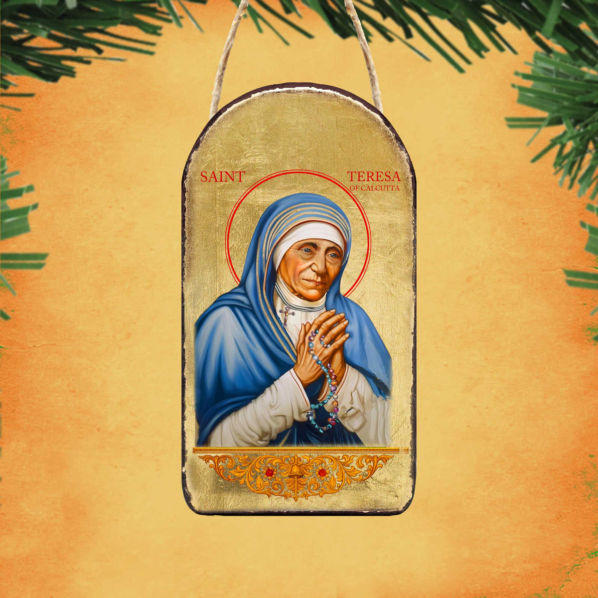 Saint Teresa Icon Ornament - Handcrafted Wooden Byzantine Style Gold Plated Decor - 87064