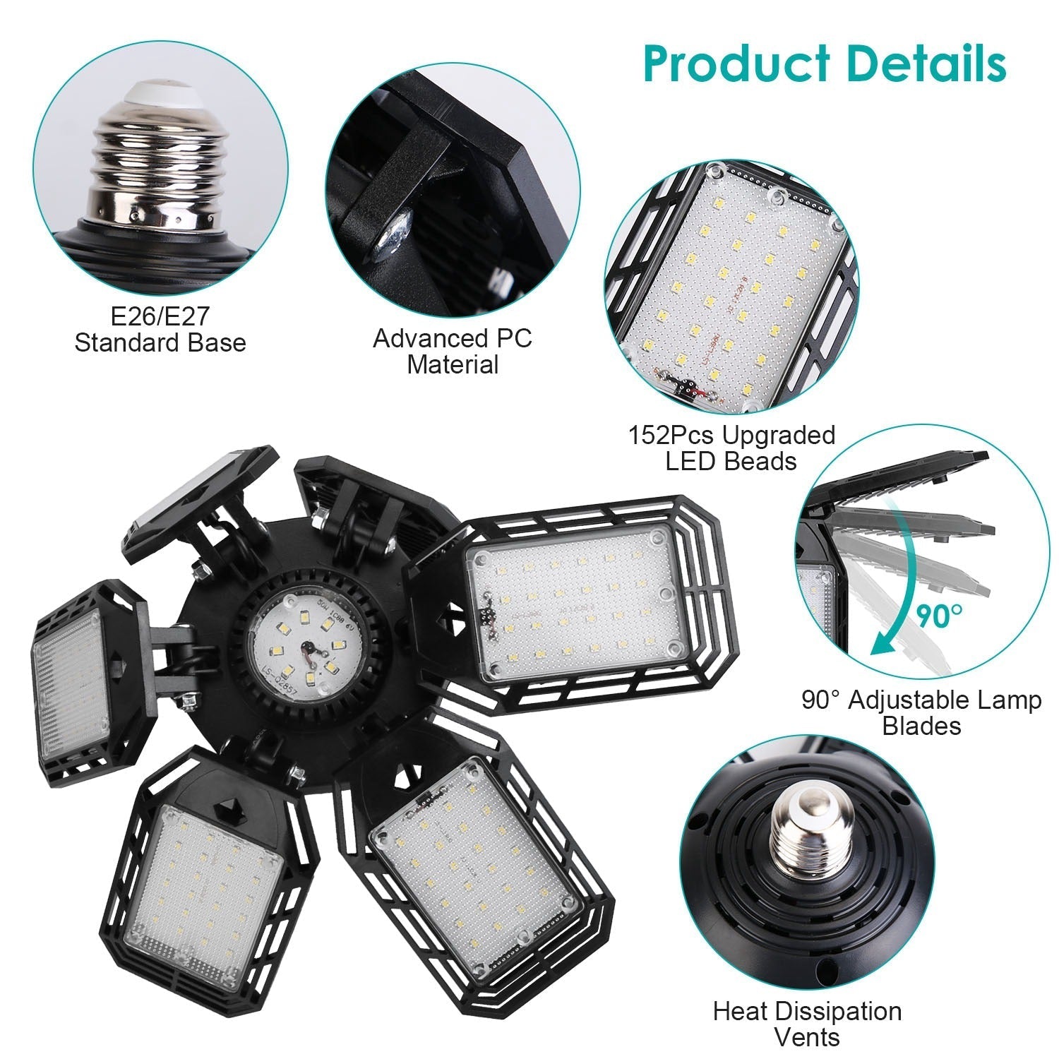2 Packs LED Garage Lights 160W LED Shop Light Deformable E26/E27 Garage Ceiling Lights with 6 Adjustable Lighting Blades for Garage Basement Shop