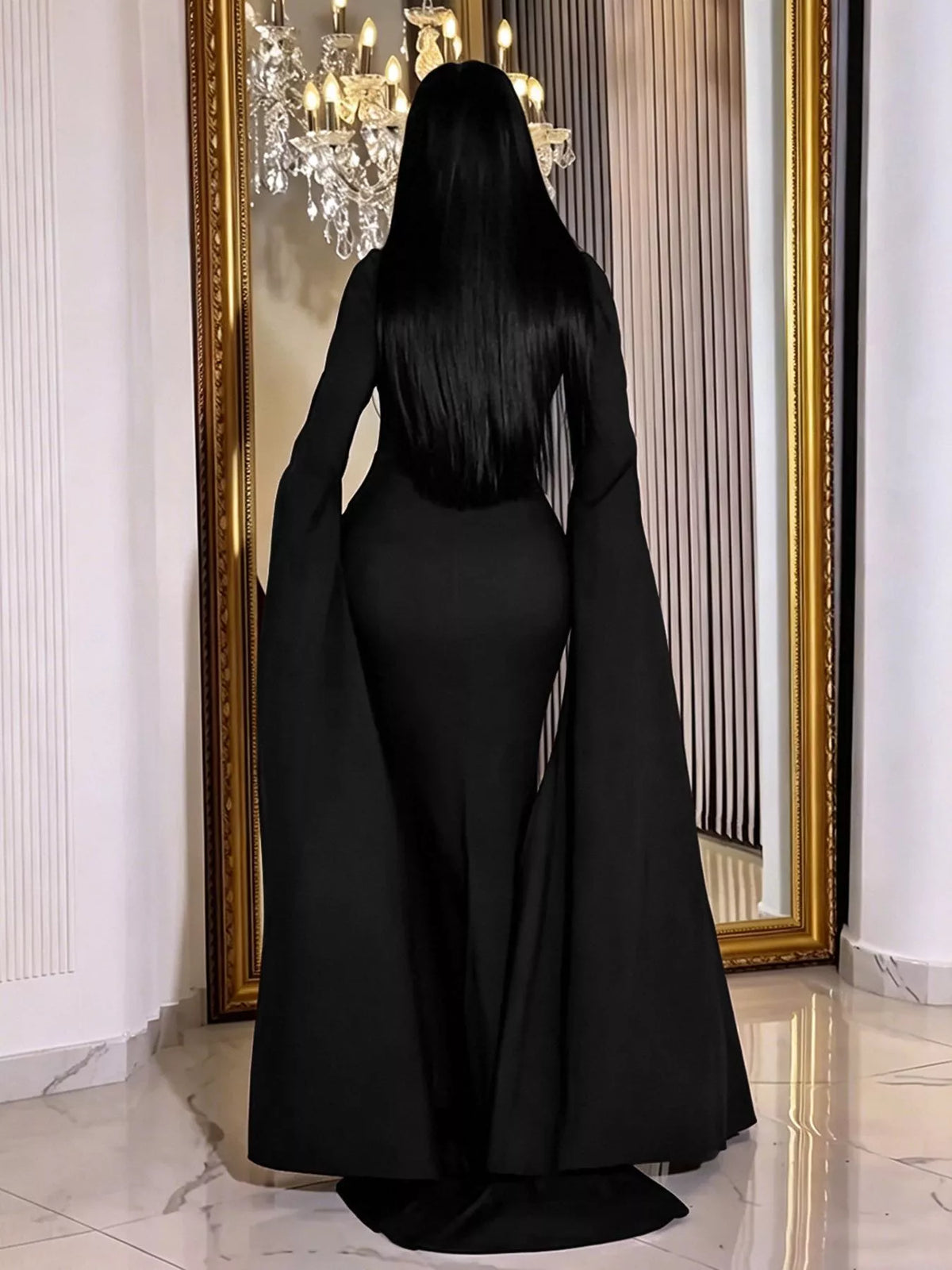 Rhinestone Slit Flare Sleeve Cape Maxi Dress