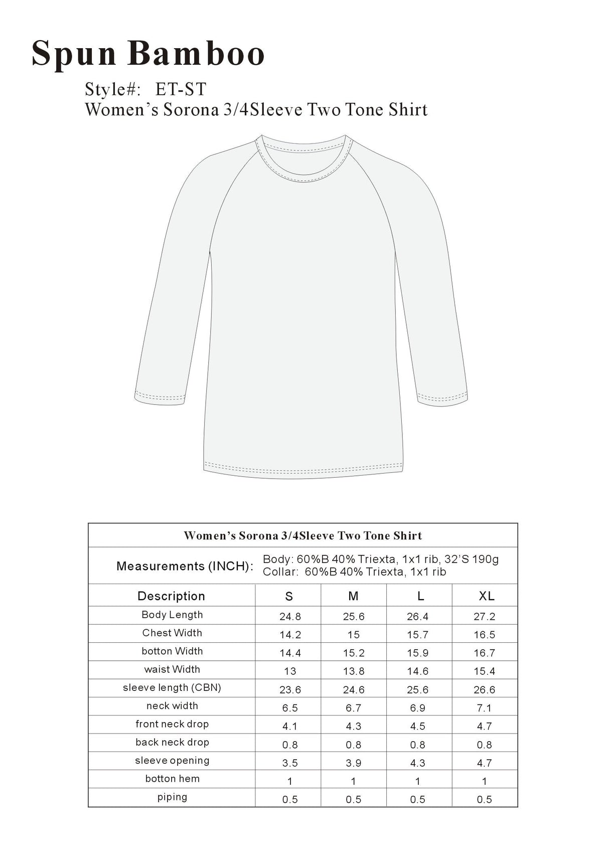 Clearance Women's Bamboo Viscose/Sorona 3/4 Sleeve T-Shirt