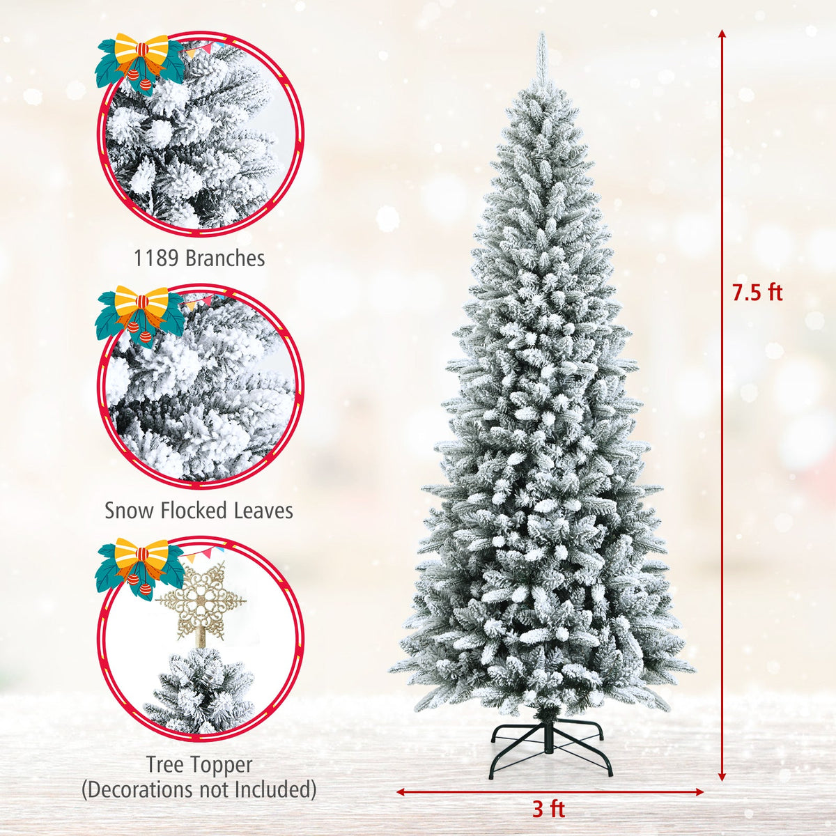 Snow-Flocked Hinged Artificial Christmas Pencil Tree with Mixed Tips