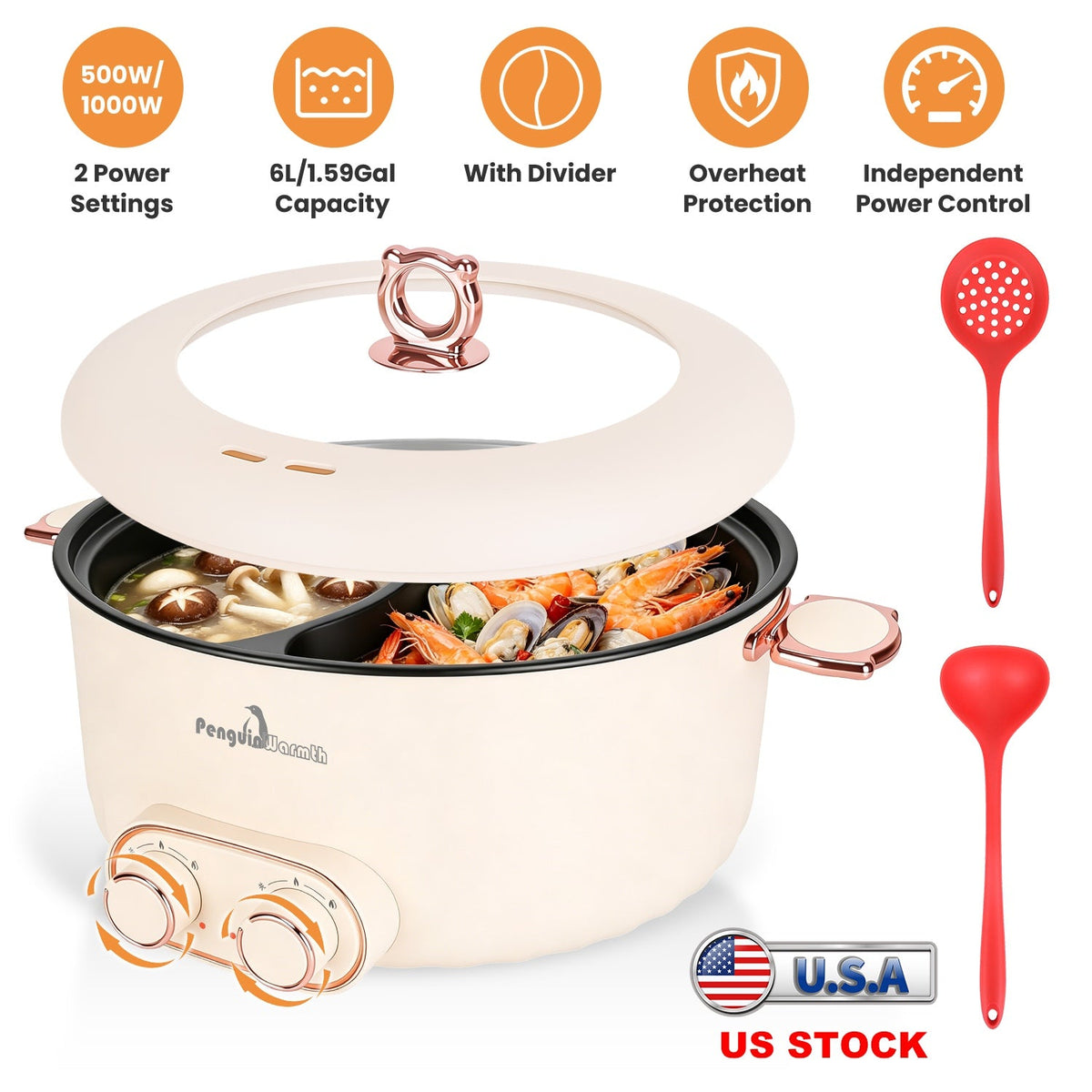 Electric Hot Pot with Divider 6L Dual Control Stainless Steel