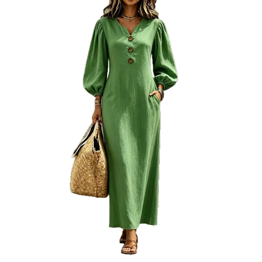 Women’s V-Neck Puff Sleeve A-Line Maxi Dress – Casual Elegant