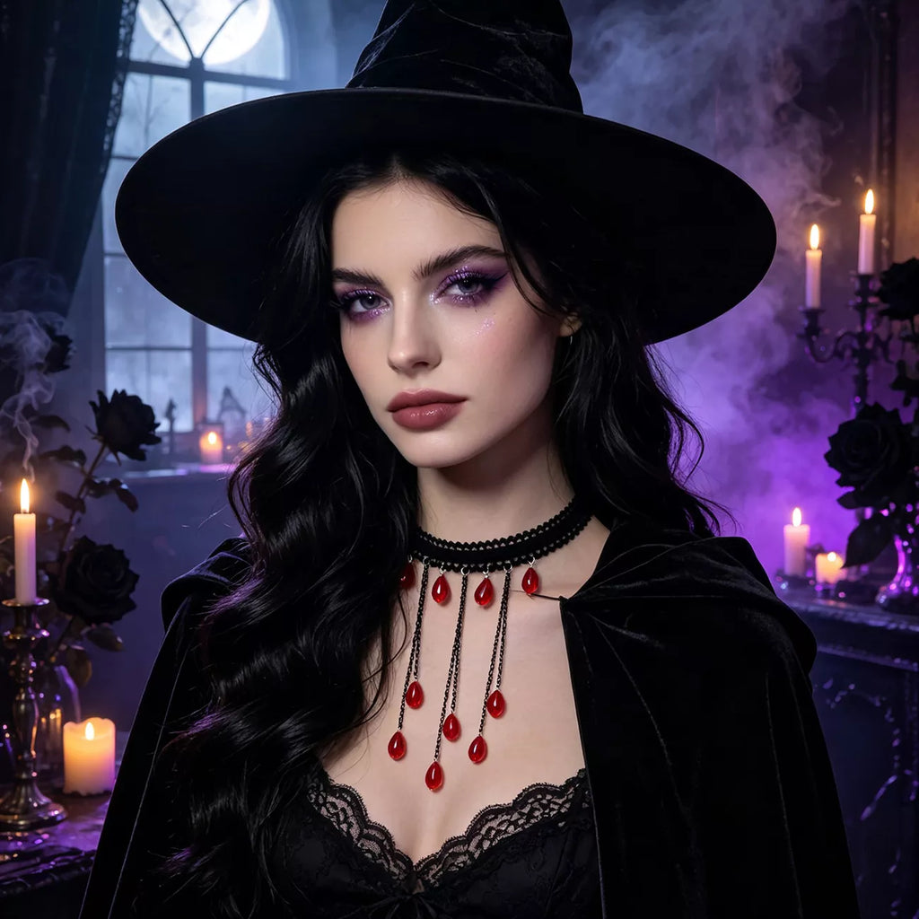Gothic Lace Choker Necklace with Teardrop Dangle Charms