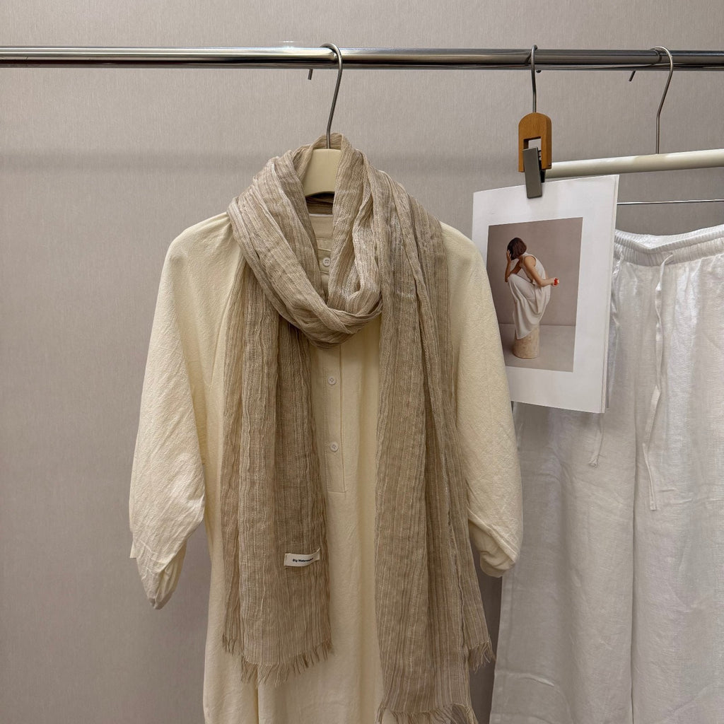 Striped Pleated Cotton-Linen Scarf