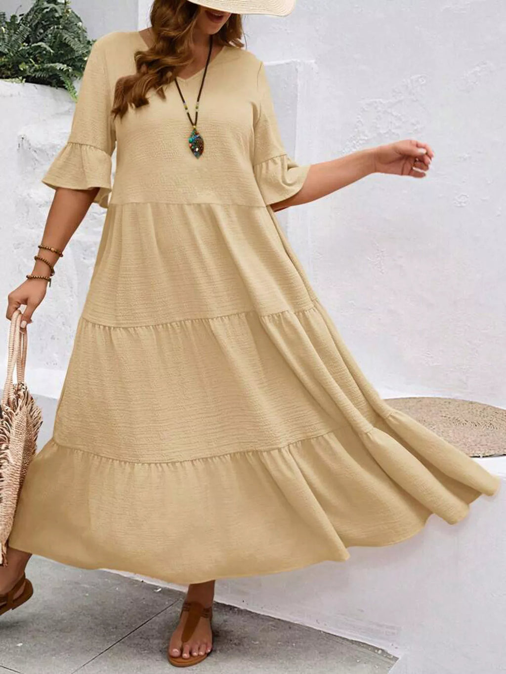 Ruffle Sleeves Tiered Midi Dress