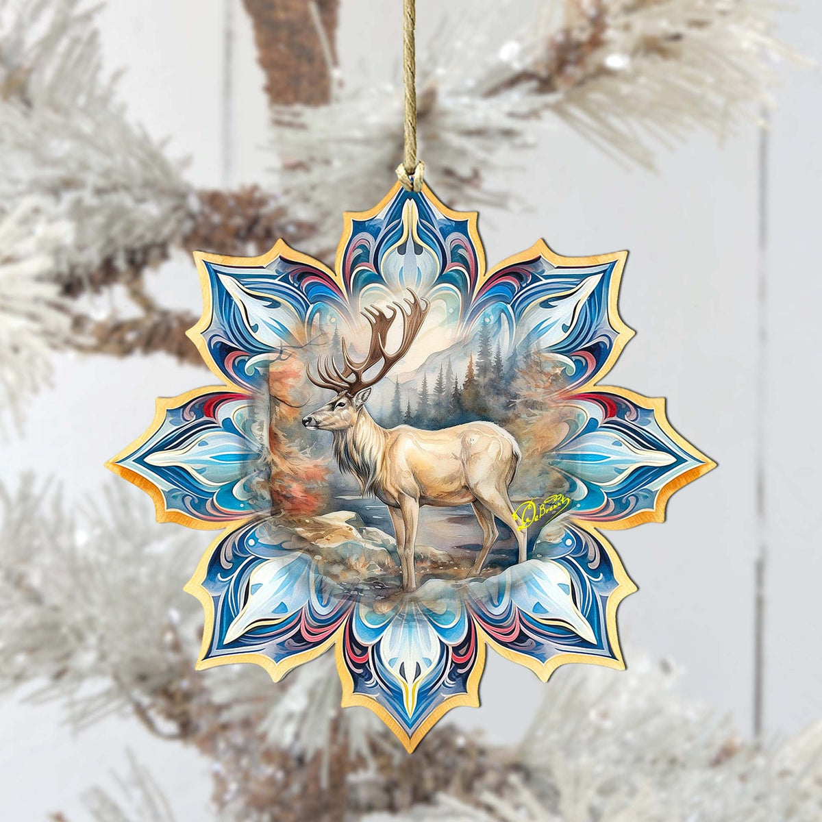 Reindeer Snowflake Large Wooden Ornament by G. Debrekht - Nature Wildlife Decor - 8688415M