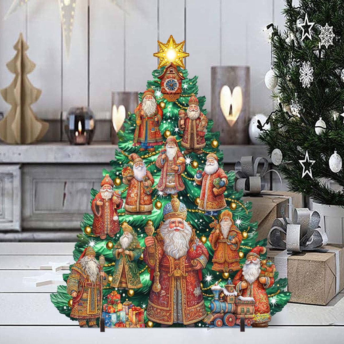 Santa-Themed Christmas Tree Outdoor Indoor Decor Wooden Christmas Decoration by G. Debrekht Christmas Decor - 8191517F