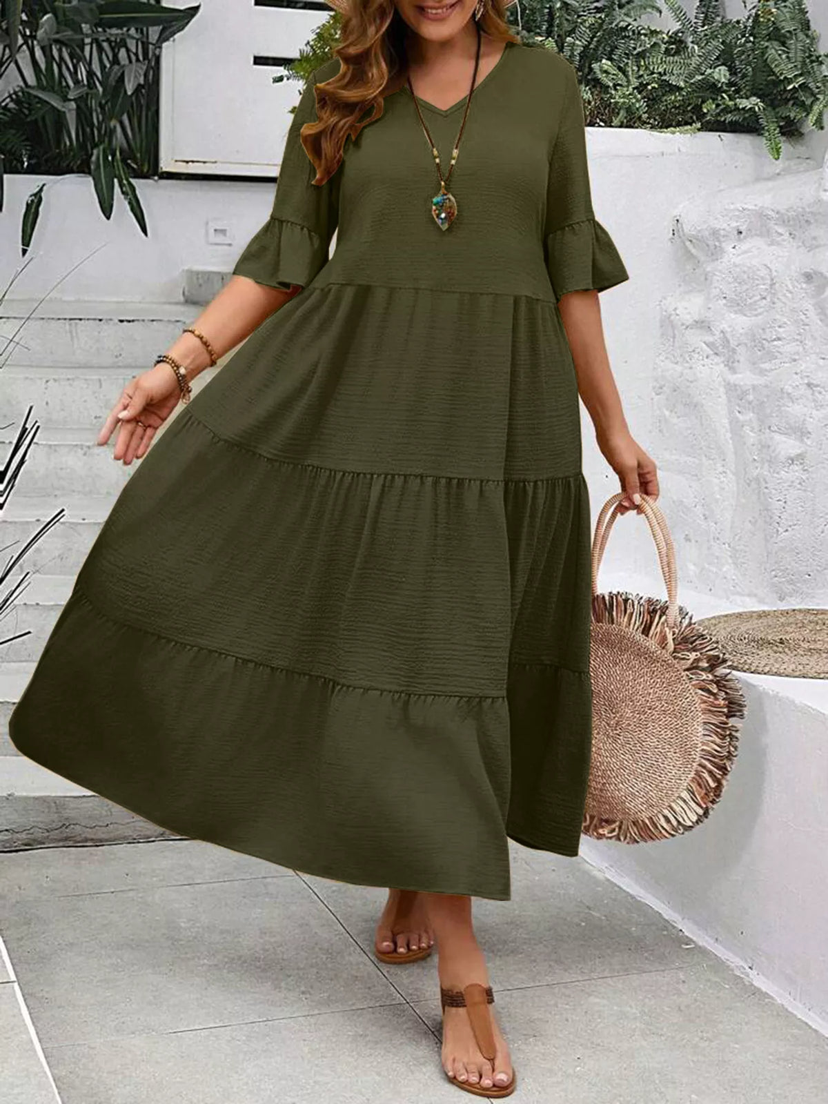 Ruffle Sleeves Tiered Midi Dress