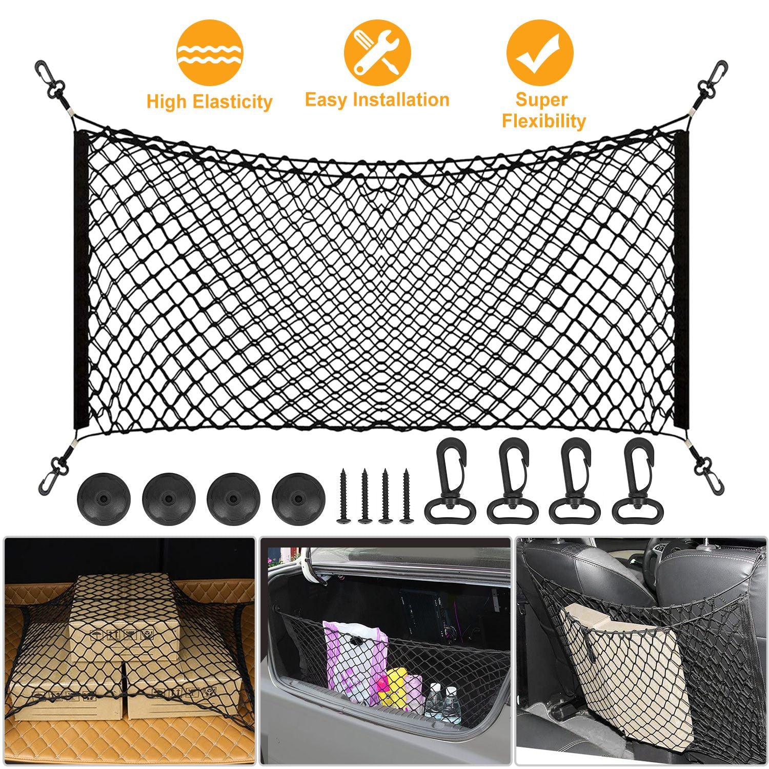 Trunk Cargo Net Stretchable Universal Elastic Truck Net Rear Seat Trunk Storage Organizer Net with Fasteners and Hardware Flexible Nylon Car Storage M