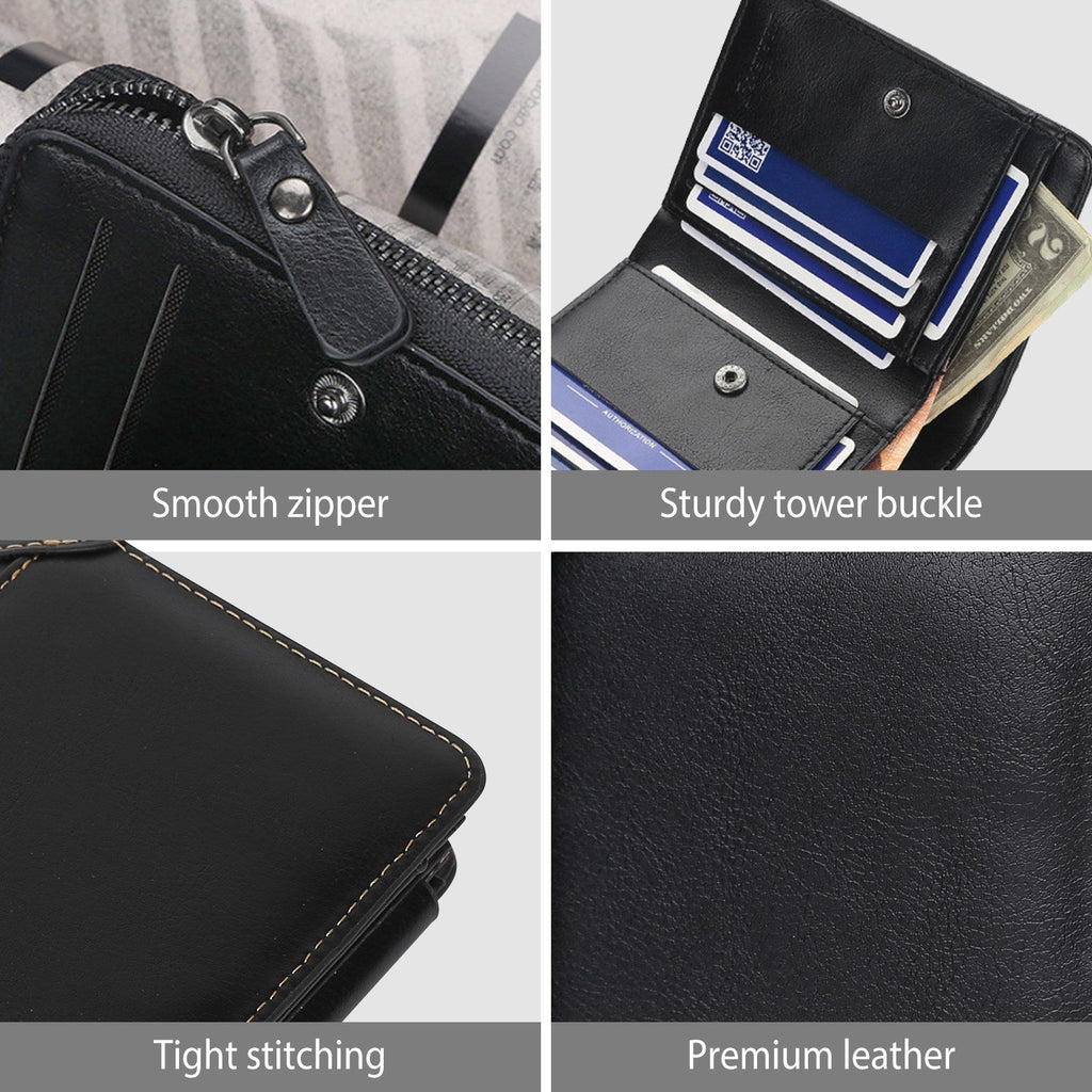 MenÕs Leather Wallet ID Card Holder Purse Trifold Clutch Money Zipper with ID Window_x000B__x000B_14 Credit Card 1 ID Card