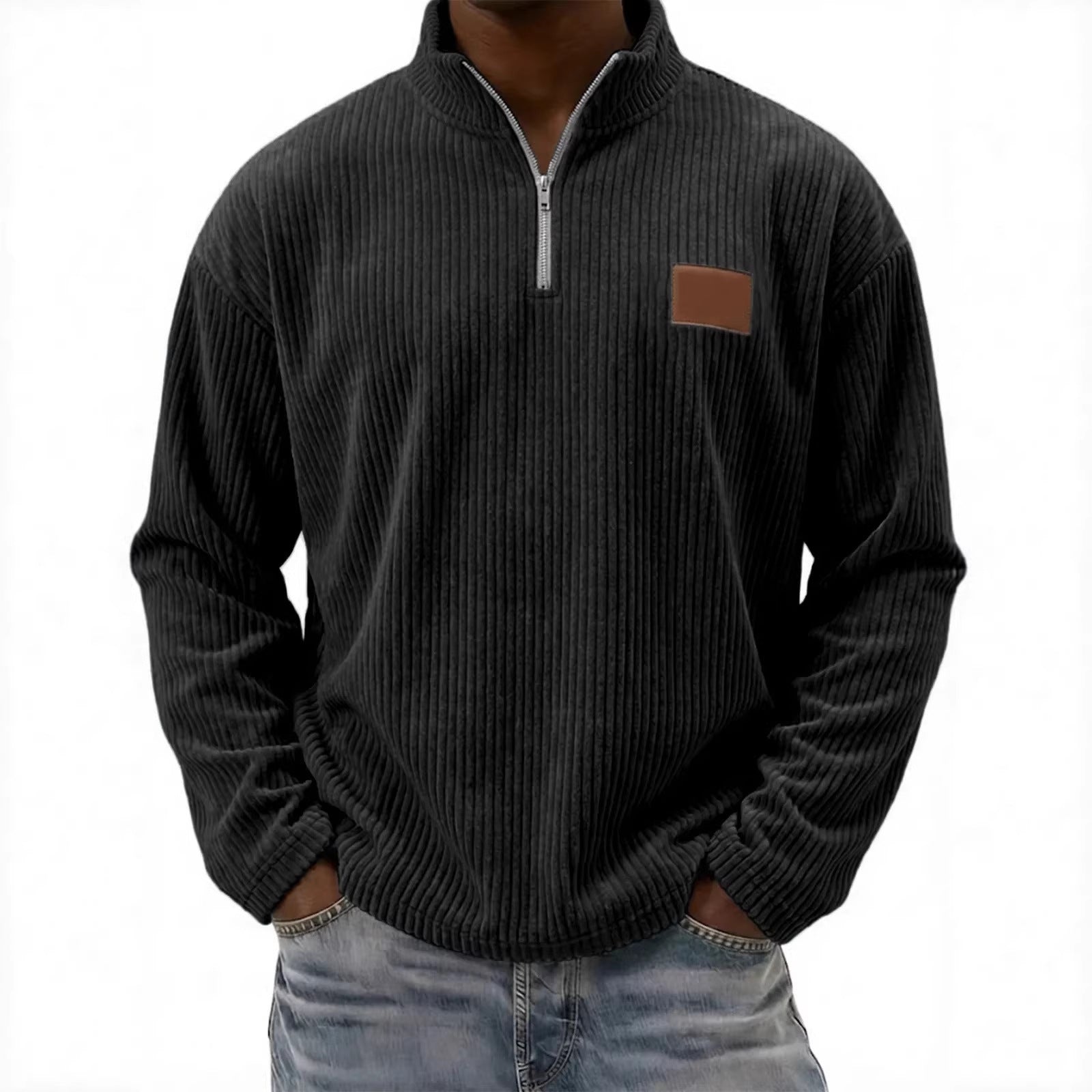 Mens Retro Corduroy Fashion Embroidered Pullover With A Stand-up Collar