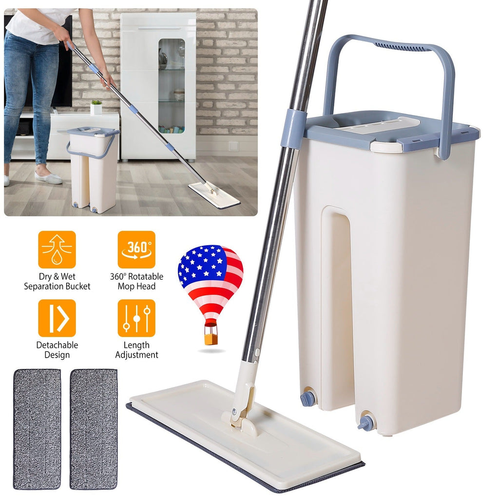 Flat Floor Mop Bucket Set Self Cleaning Wet Dry Usage with 2Pcs Reusable MicrofiberÊMop Pads