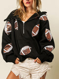 Women Half Zip Hoodie, Glitter Football Print Oversized Hooded Sweatshirt With Kangaroo Pocket