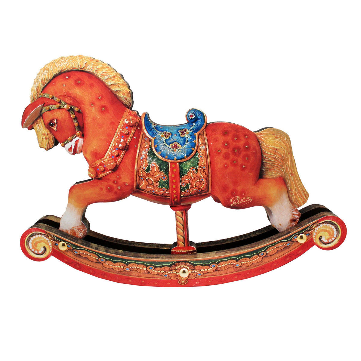 Rocking Horse Decorated Centerpiece Wooden Figurine by G. Debrekht - Christmas Santa and Snowman Decor - 89311
