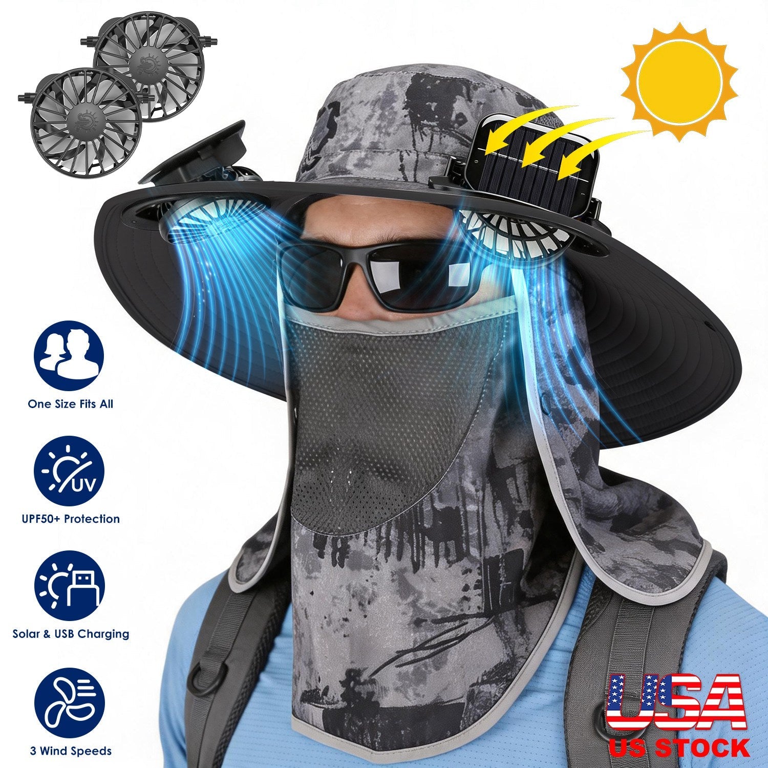 Solar Fan Hat with UPF50+ Sun Protection & Neck Flap