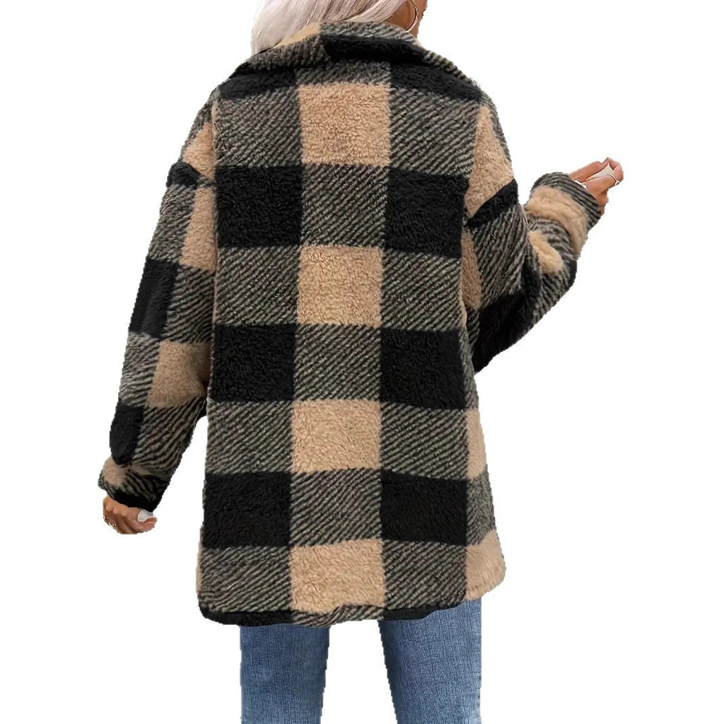 Womens Fallwinter Lambswool Lapel Loose-fit Casual Plaid Plush Long-sleeve Coat