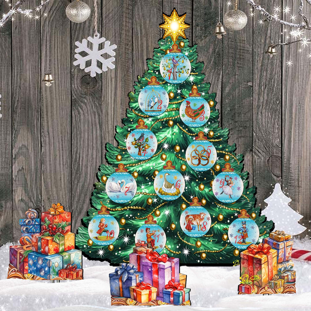 Twelve Days-Themed Christmas Tree Outdoor Indoor Decor Wooden Christmas Decoration by G. Debrekht Christmas Decor - 8191502F-G-S12