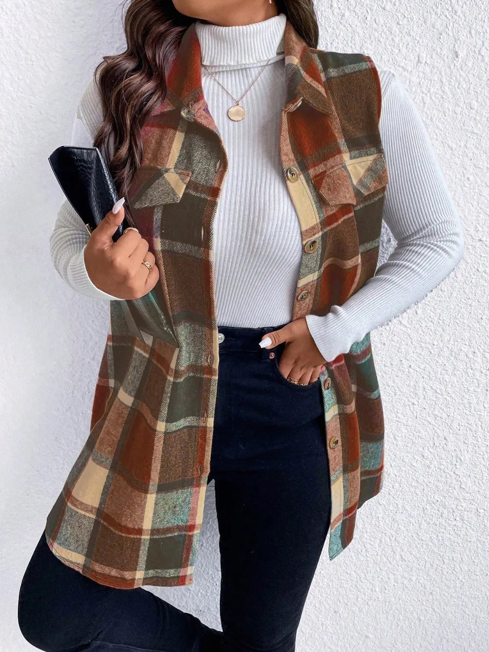 Pocketed Plaid Button Up Vest Coat