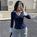 Color-block V-neck Fitted Top For Women