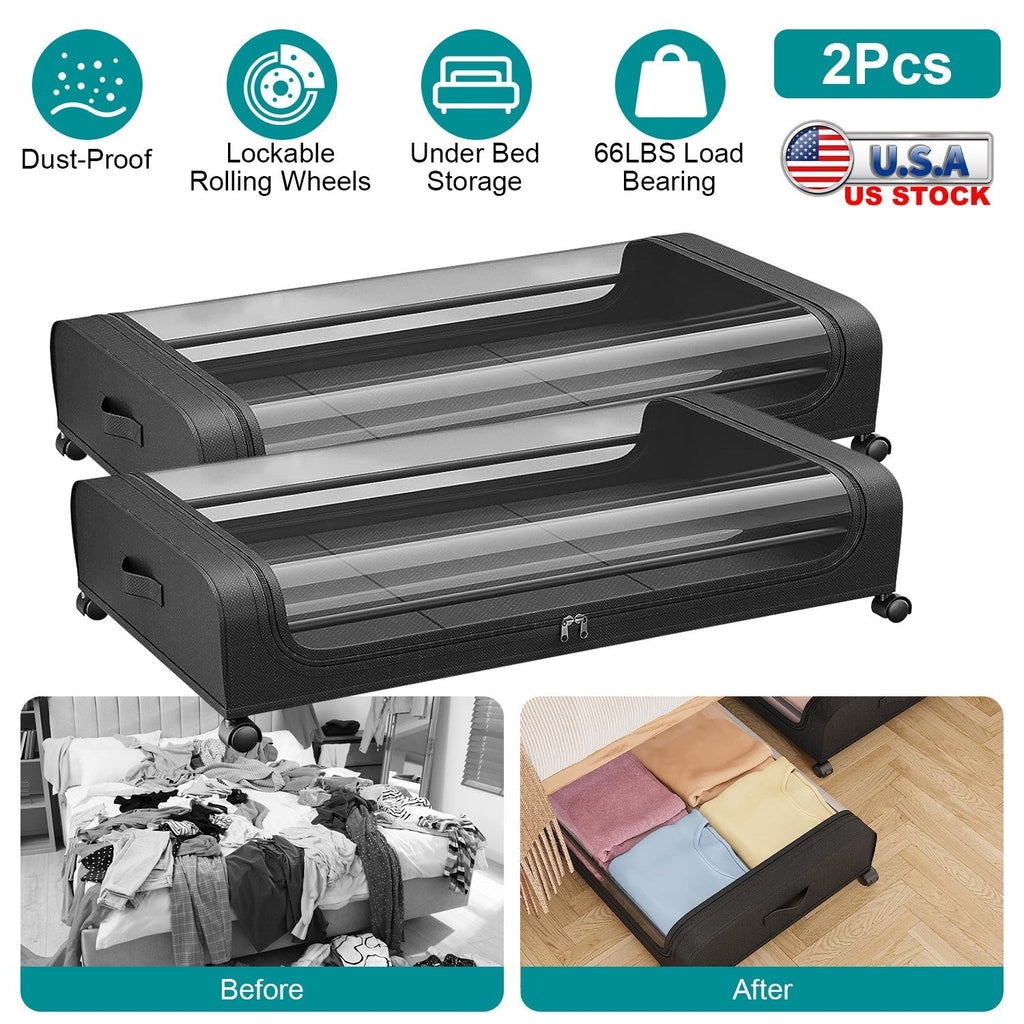 2Packs Under Bed Storage Containers Rolling Clothing Organizer 42L/11Gal Under BedÊDrawers with Clear Lid 360¡ Lockable Rolling Wheels Strap Handles