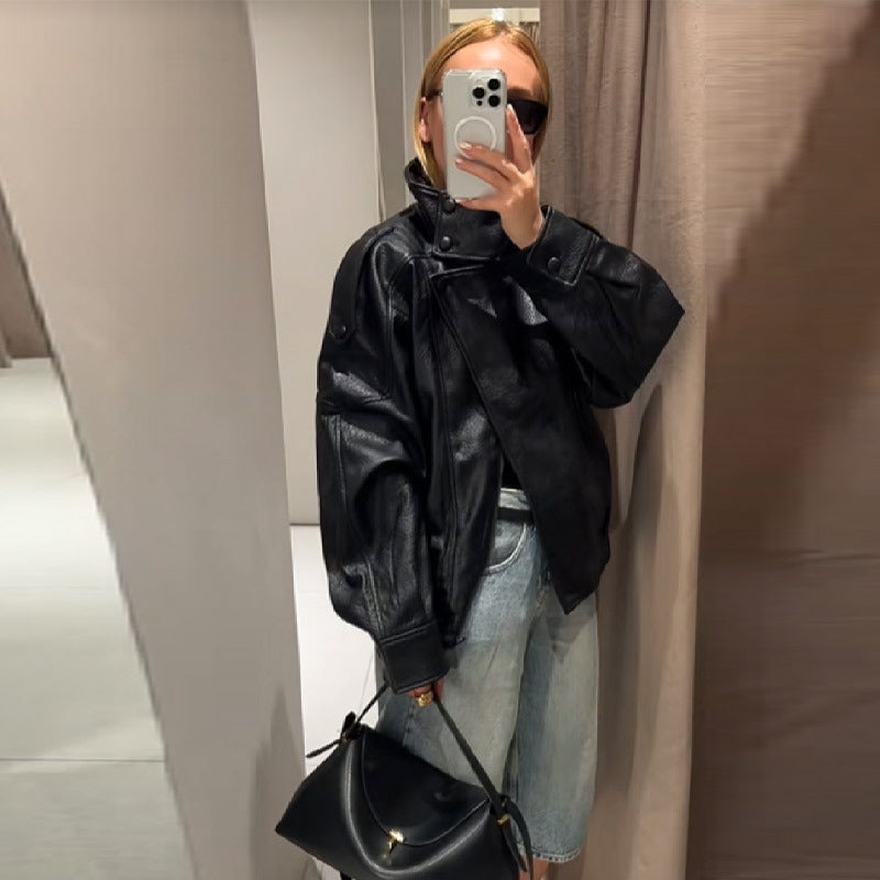 Retro Biker-Style Leather Jacket With Stand Collar Coats