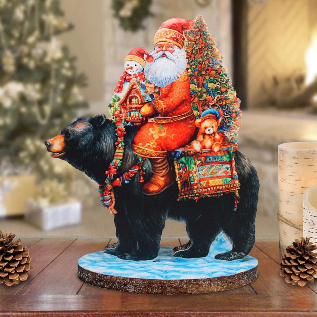 Santa Claus and Black Bear Limited Edition Wooden Figurine by G. Debrekht - Christmas Centerpiece Decoration - 89315