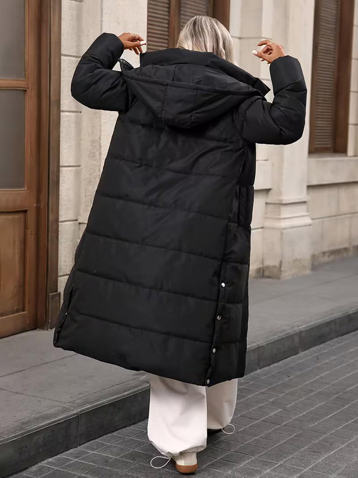 Black Long-length Hooded Thickened Cotton Coat For Women