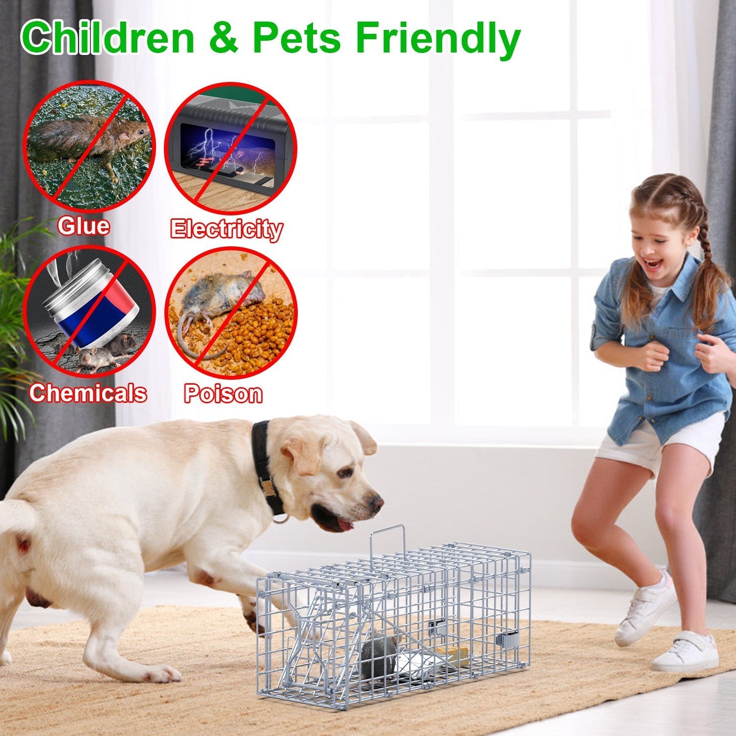 2Pcs Foldable Rat Trap Cage Humane Live Rodent Trap Cage Galvanized Iron Mice Mouse Control Bait Catch with Detachable L Shaped Rod For Kitchen Garden