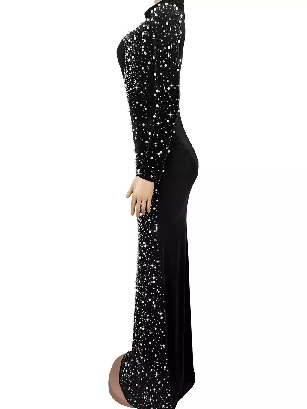 Rhinestone Embellished Velvet Mermaid Evening Maxi Dress