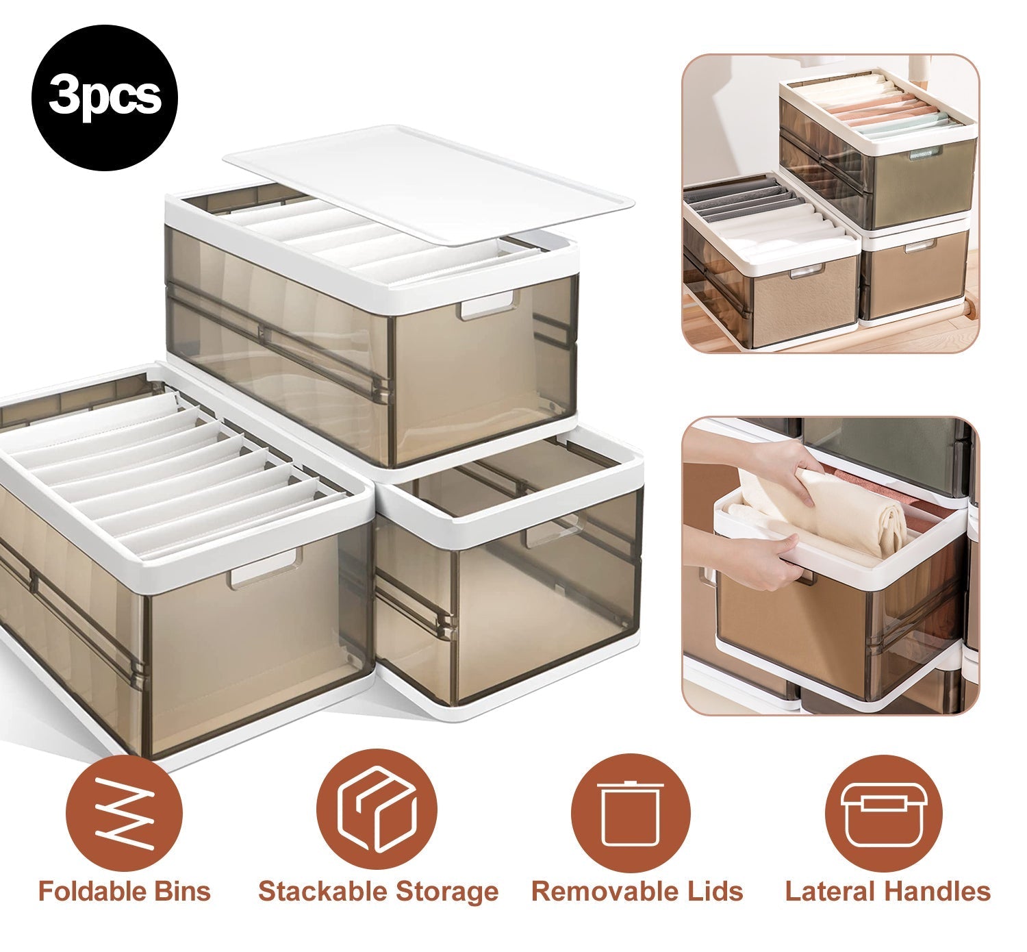 3 Pack Foldable Storage Bin with Lid Stackable Plastic Closet Organizer with Handle Divider Collapsible Drawer Organizer for Toys Clothes
