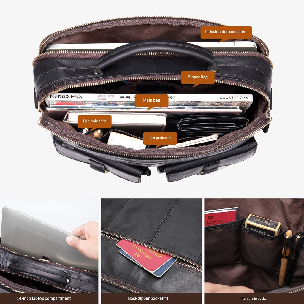 Retro Mens Shoulder Crossbody Bag Full-Grain Leather Handbag Business Briefcase