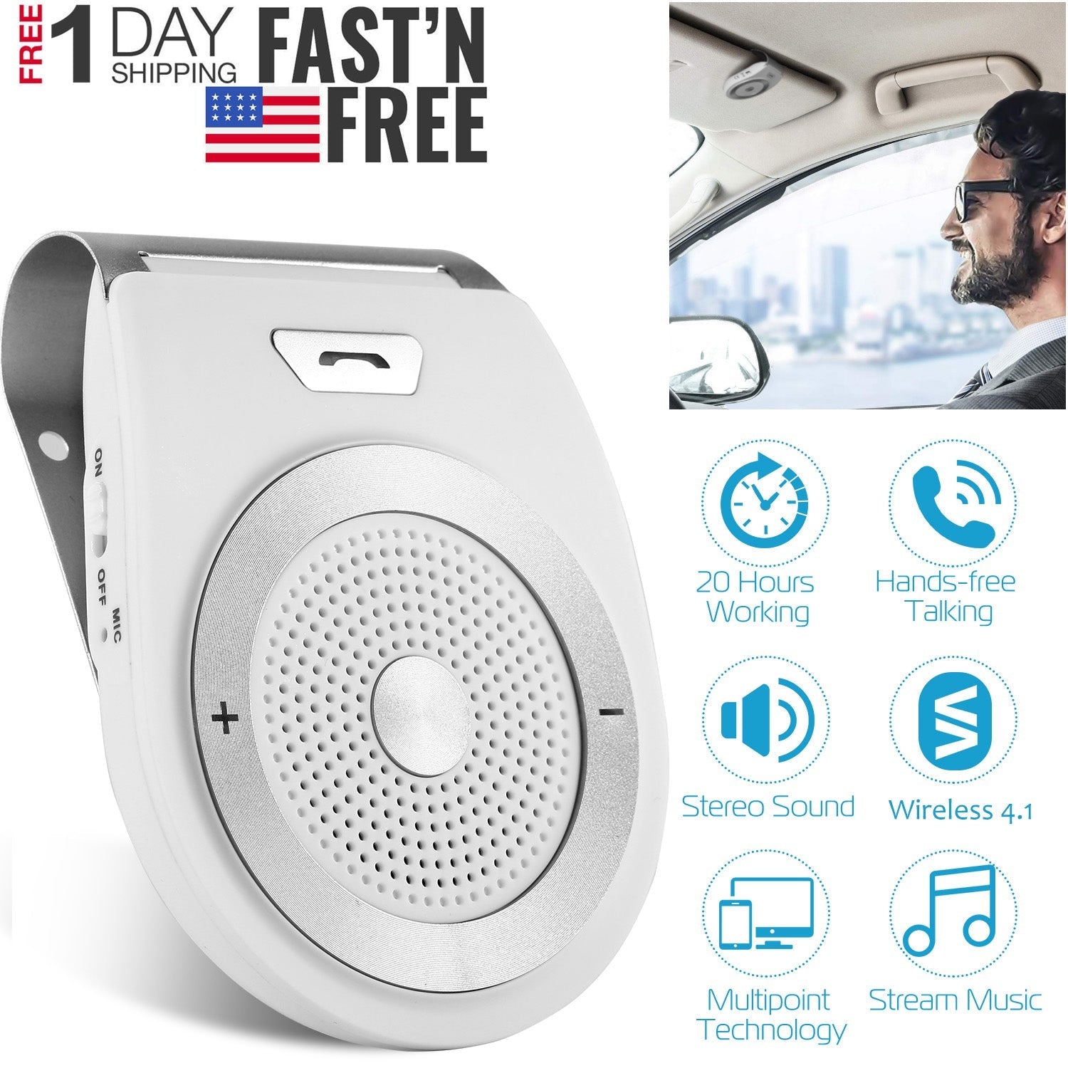 Car Wireless Speakerphone Wireless V4.1 In-Car Speaker Hands-free Calling Music Player Sun Visor Audio Receiver Car Kit