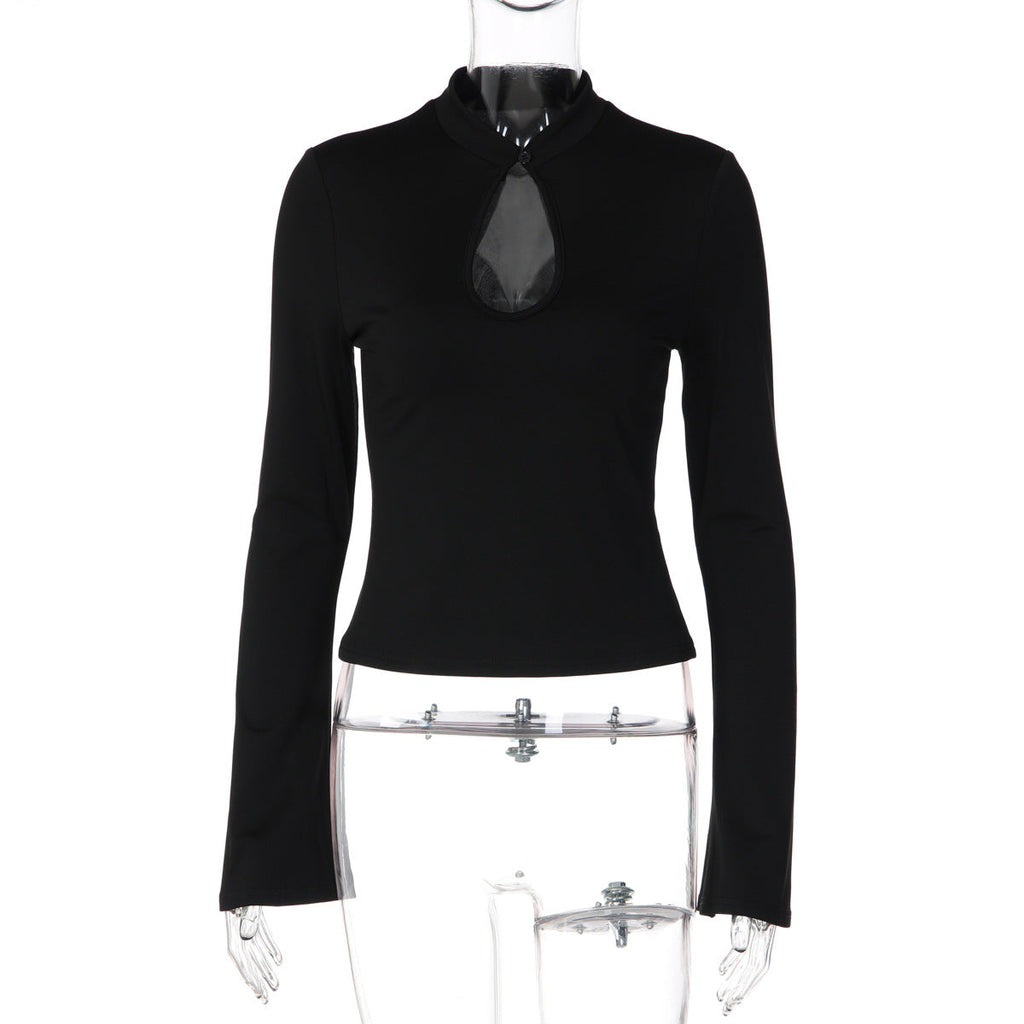 Womens French-style Hollow-out Solid-color Long-sleeve Top