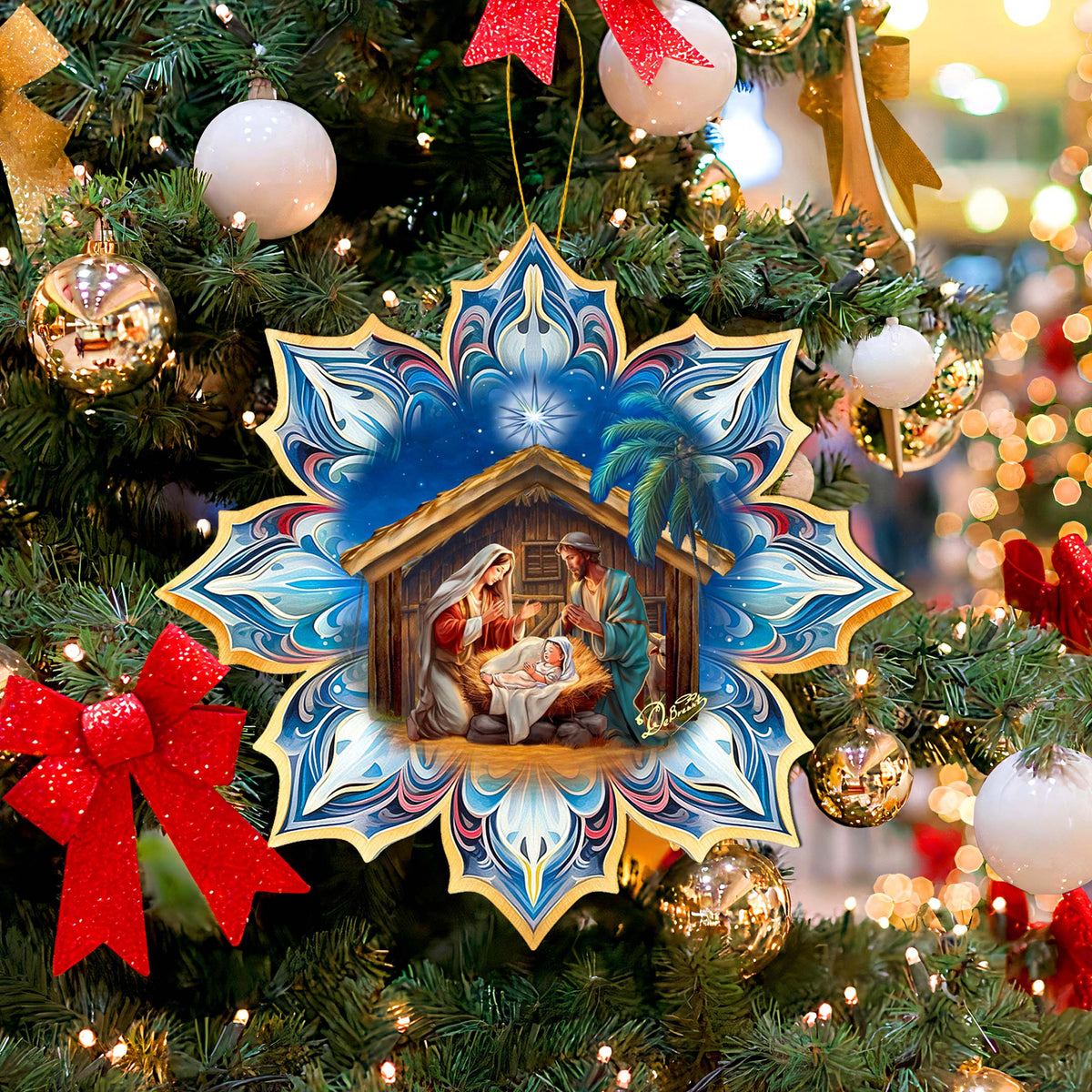 Holy Family Snowflake Large Wooden Ornament by G. Debrekht - Nativity Holiday Decor - 8688439M