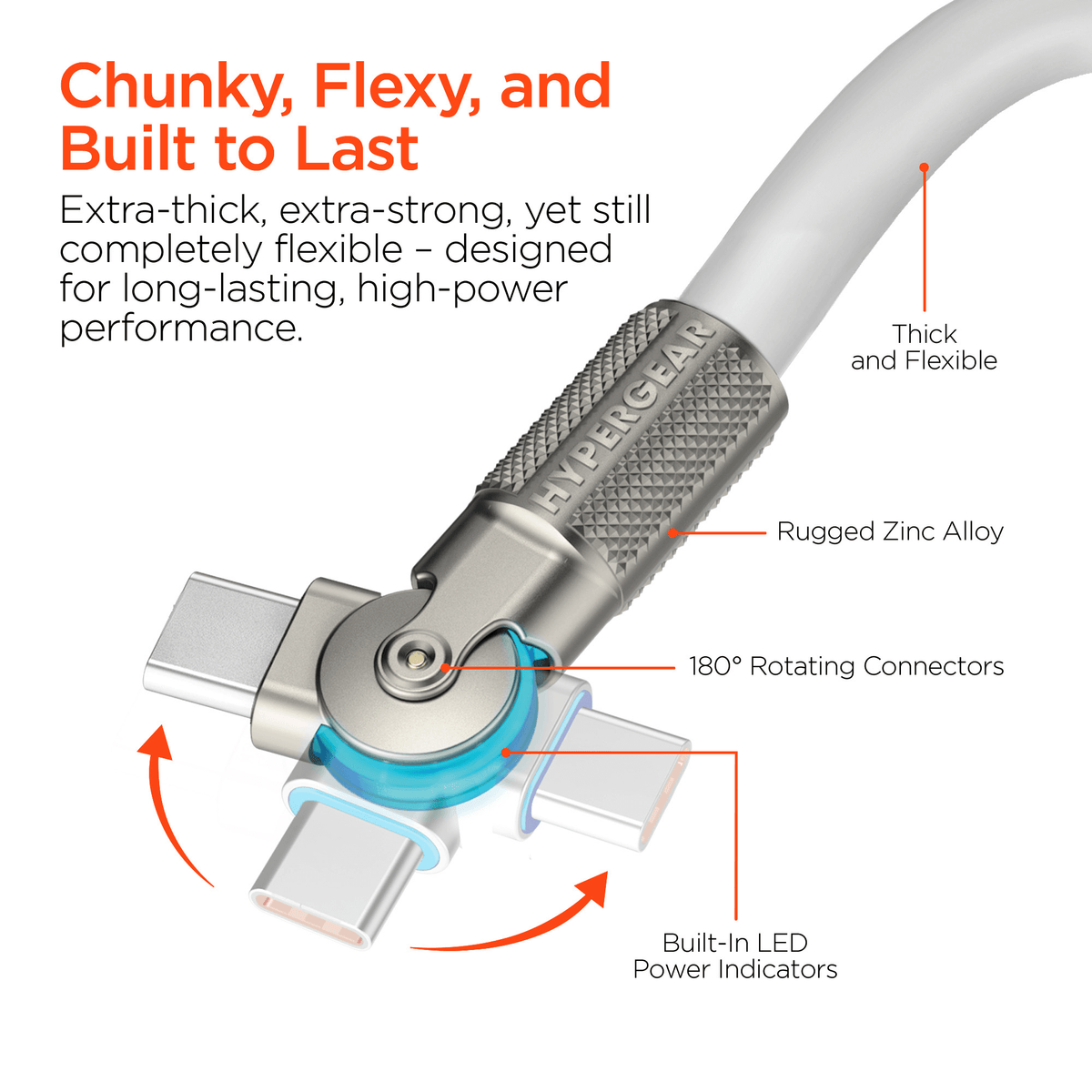 HyperGear Chunky180° 100W USB-C to USB-C Rugged Fast Charge Cable 12ft