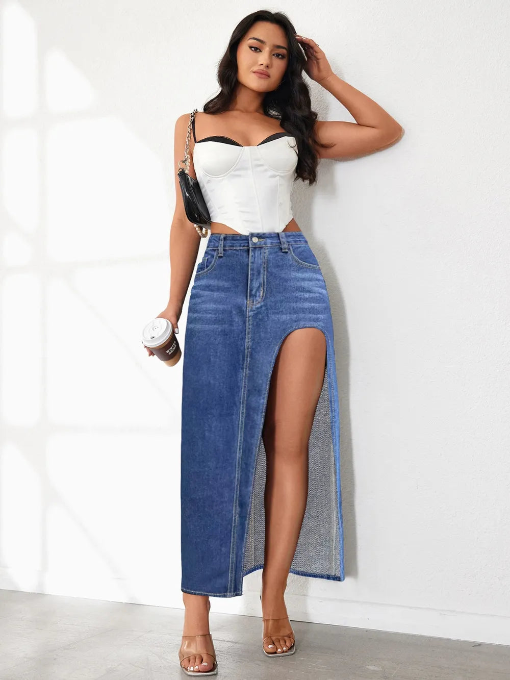 High Rise Slit Denim Skirt