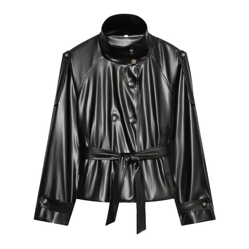 Womens AutumnWinter Double-Breasted Leather Jacket