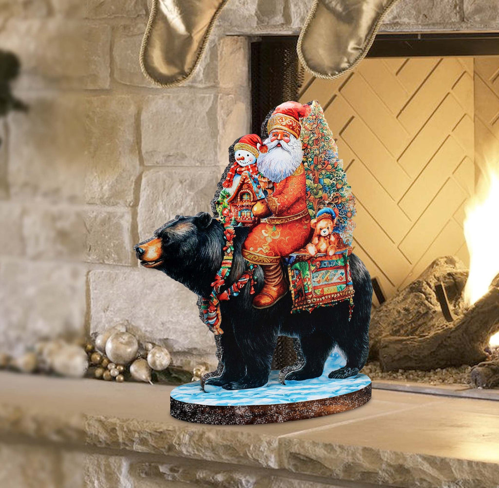 Santa Claus and Black Bear Limited Edition Wooden Figurine by G. Debrekht - Christmas Centerpiece Decoration - 89315