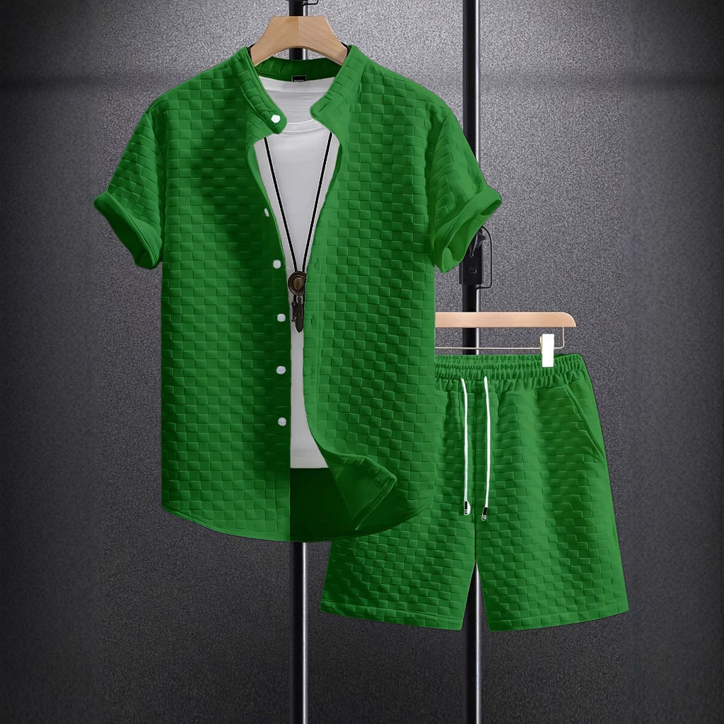 Men's Jacquard Casual Short Sleeve Shirt Outfit