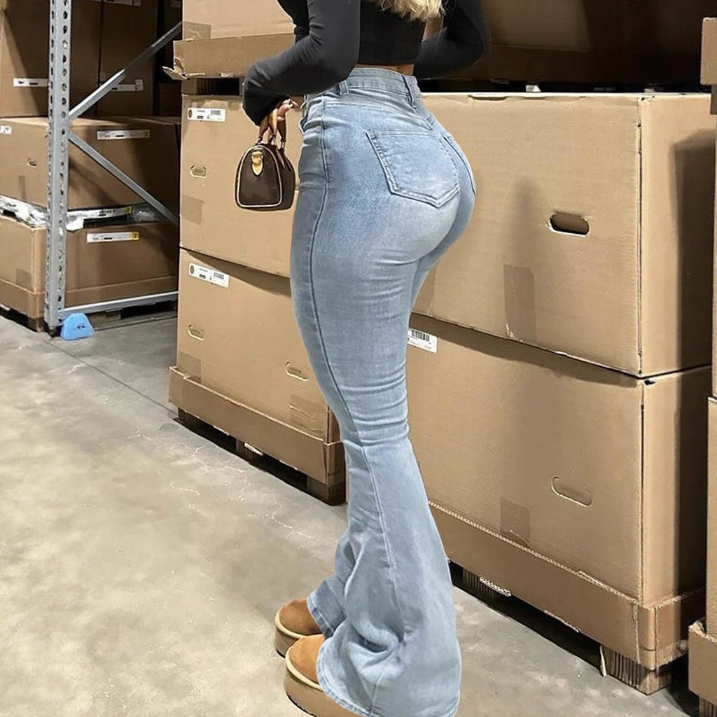 Street-style Solid-color Zip Flare High-waist Slim-fit Denim Jeans