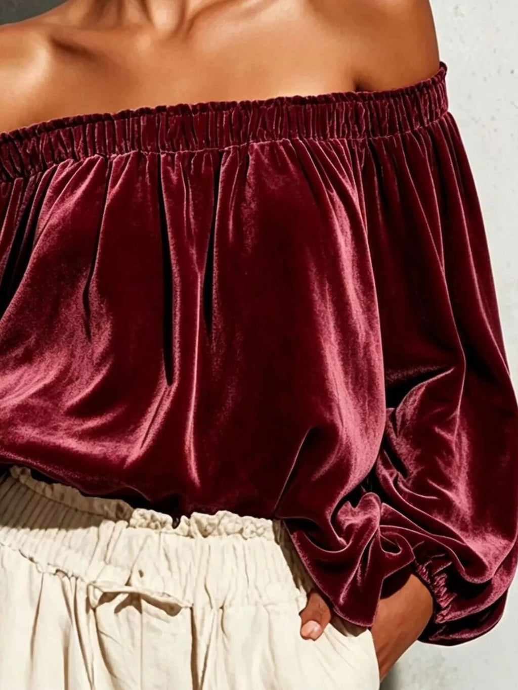 Off-Shoulder Velvet Long Sleeve T-Shirt