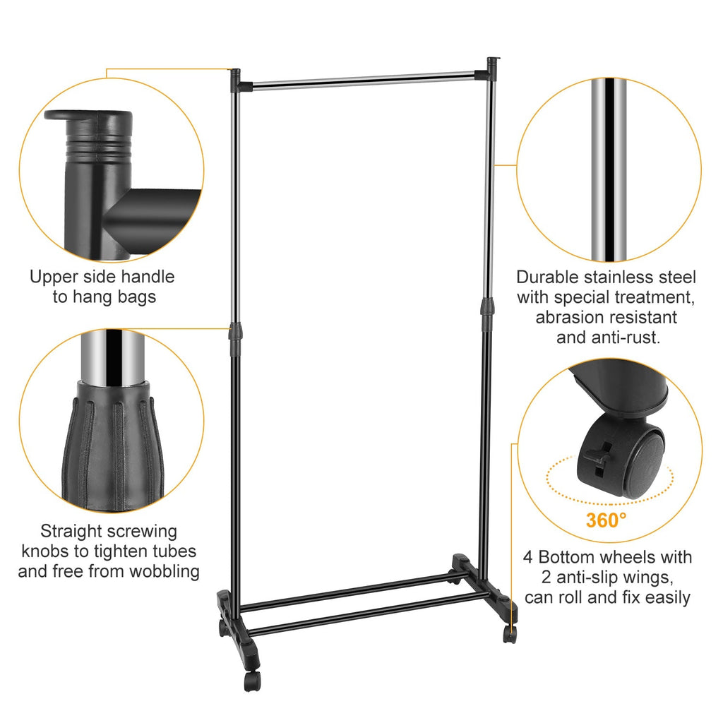 15kg/33lbs Garment Racks 3.12ft-4.80ft Height Adjustable Clothes Stand Foldable Clothes Hanger w/ Wheels Storage Shelf For Dormitory Home