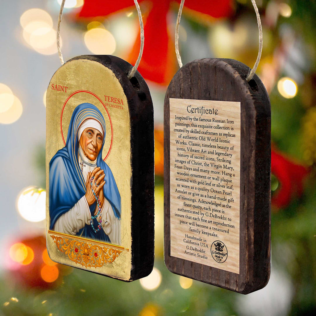 Saint Teresa Icon Ornament - Handcrafted Wooden Byzantine Style Gold Plated Decor - 87064